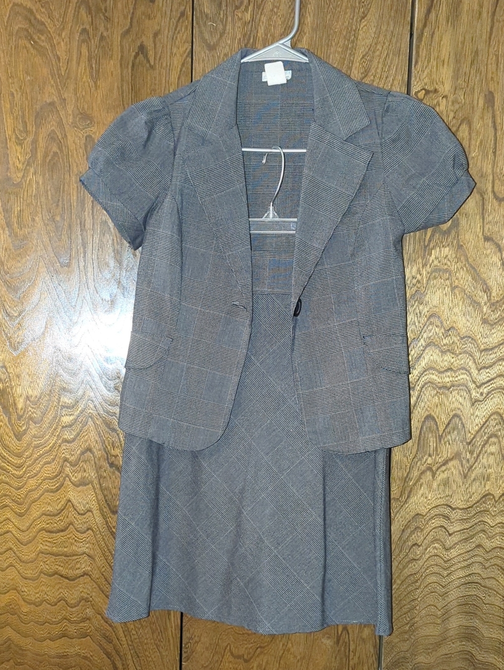 Gray Plaid Two-Piece Skirt & Blazer Set